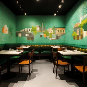 Modern restaurant interior design with wooden furniture and glass windows.