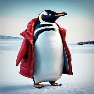 Penguin Wearing a Red Coat Standing On Snow