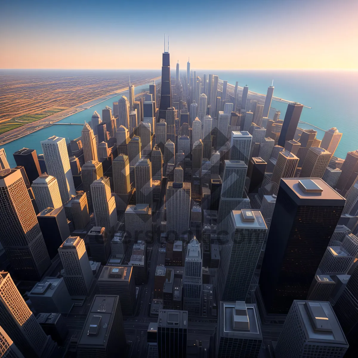 Picture of Urban Office Center: Aerial City Skyline with Skyscrapers