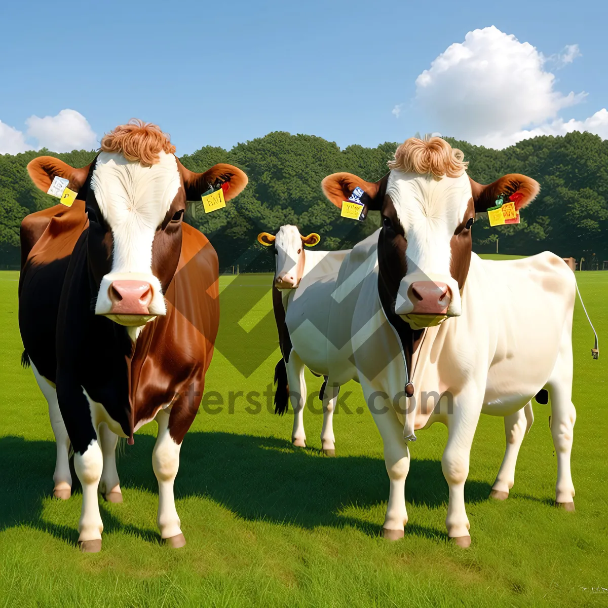 Picture of Summer Meadow with Horses and Cows in Rural Farm