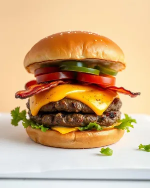 Grilled beef burger with cheese and vegetables.