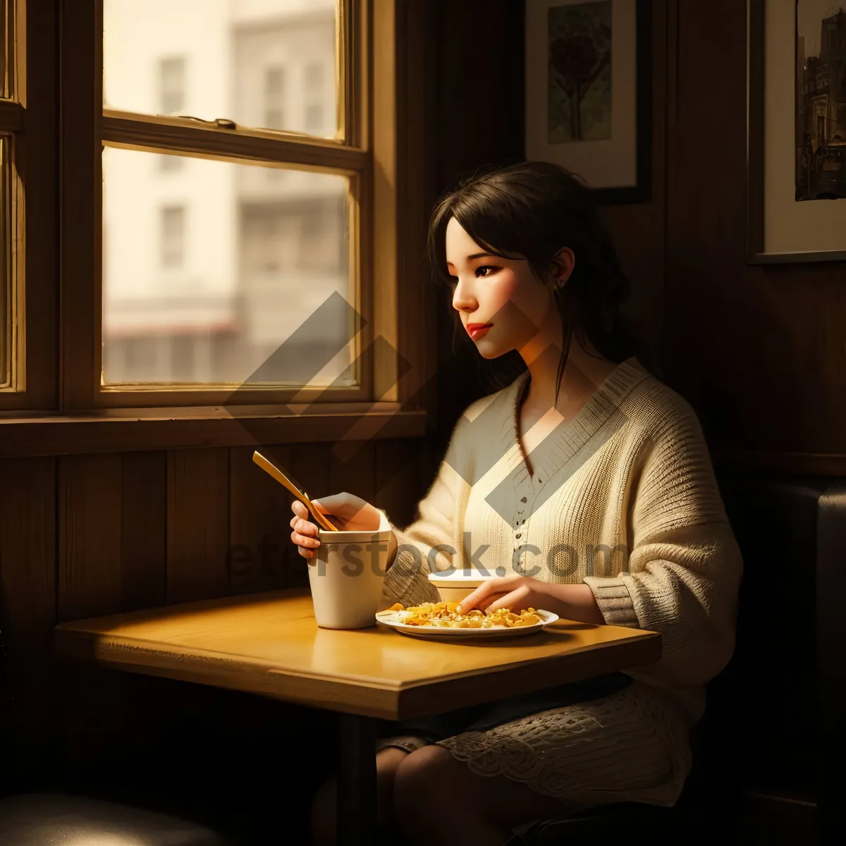 Picture of Happy man sitting at restaurant with laptop, smiling.