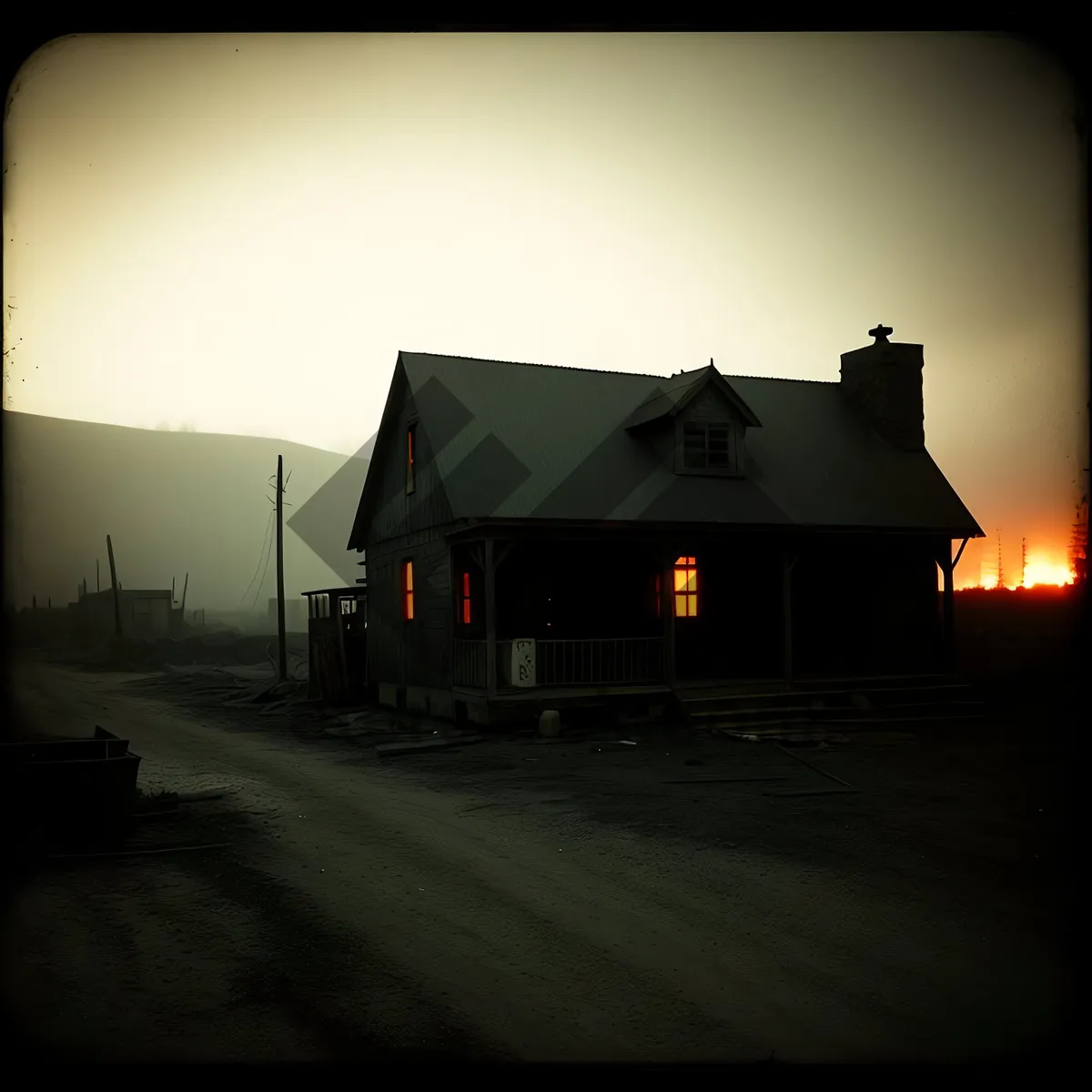 Picture of Rustic Farmhouse at Sunset with Barn and Garage