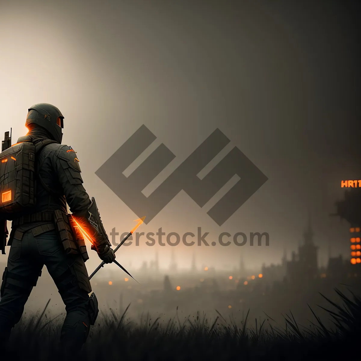 Picture of Silhouette of a Male with Flamethrower Against Sunset Sky