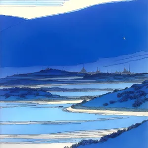 Serene Beach Sunset Over Snow-capped Mountains