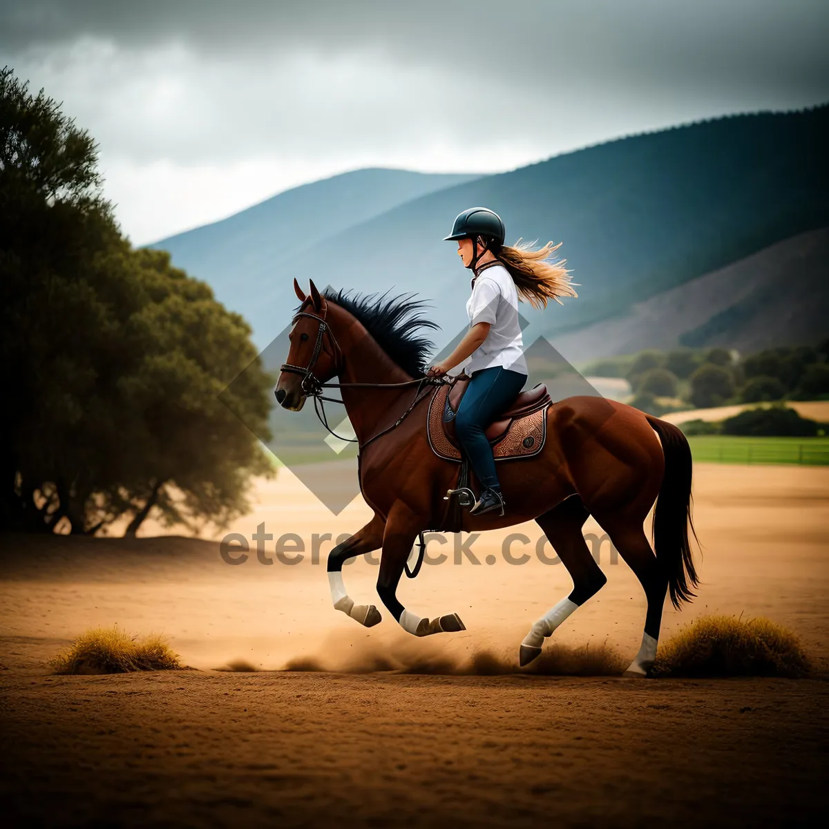 Picture of Silhouette of Cowboy Riding Horse at Sunset