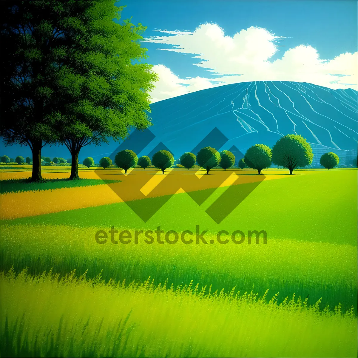 Picture of Sunny countryside meadow with colorful rapeseed fields.