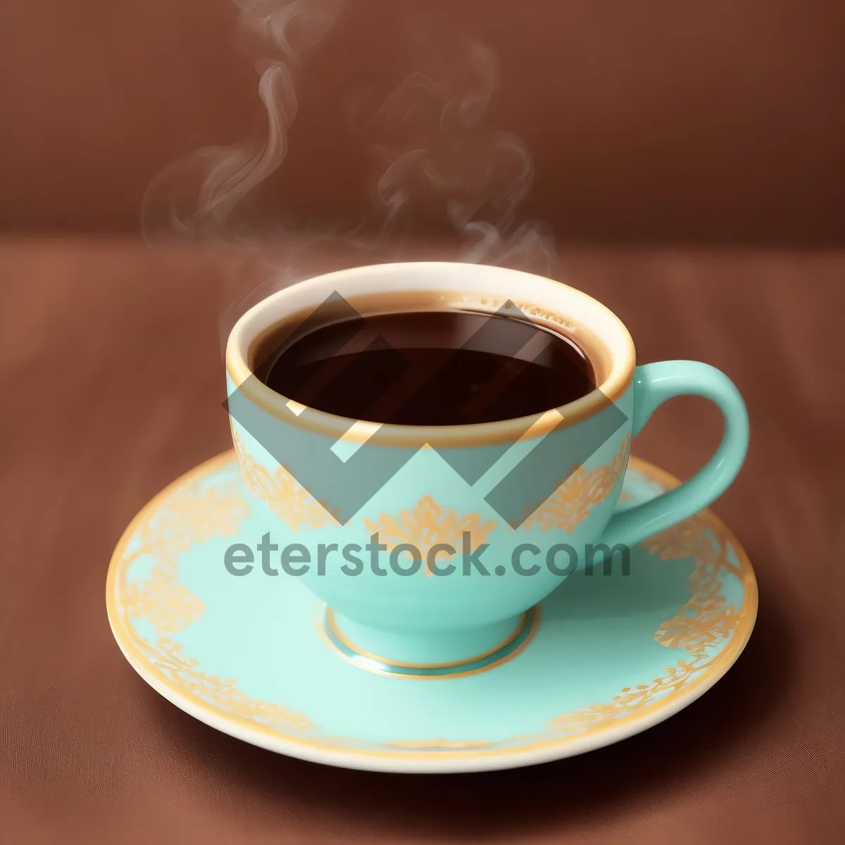 Picture of Hot Morning Coffee in Black Mug on Saucer