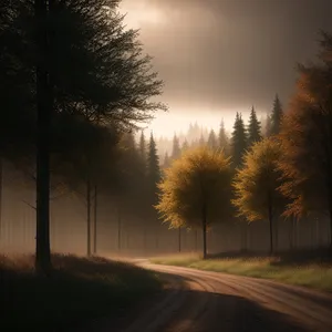 Golden Sunset over Majestic Tree-Lined Landscape