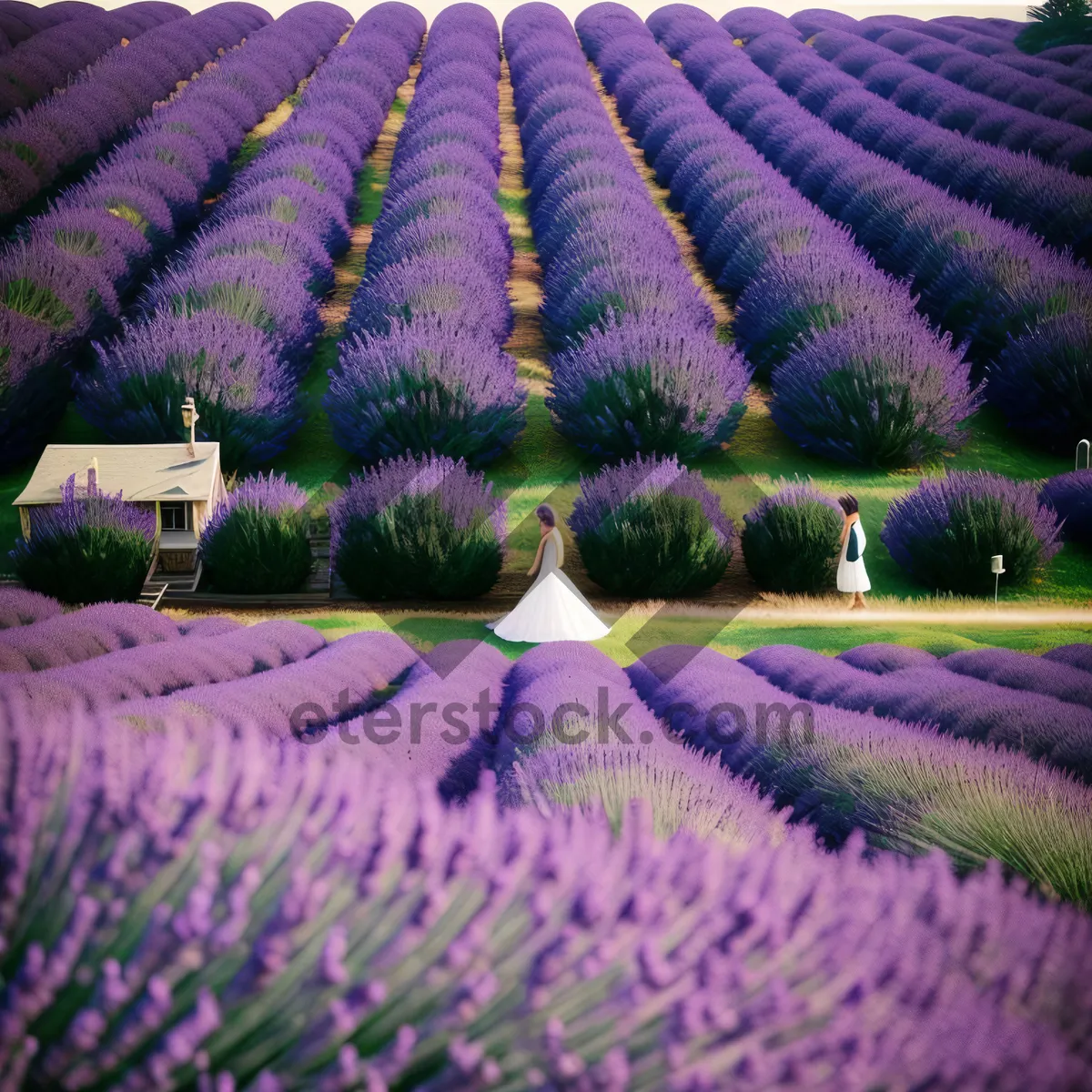 Picture of Colorful Lavender Field and Tile Roof Pattern