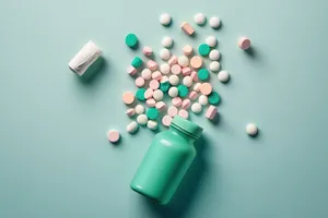 Colorful medication bottle for health treatment and pain relief.