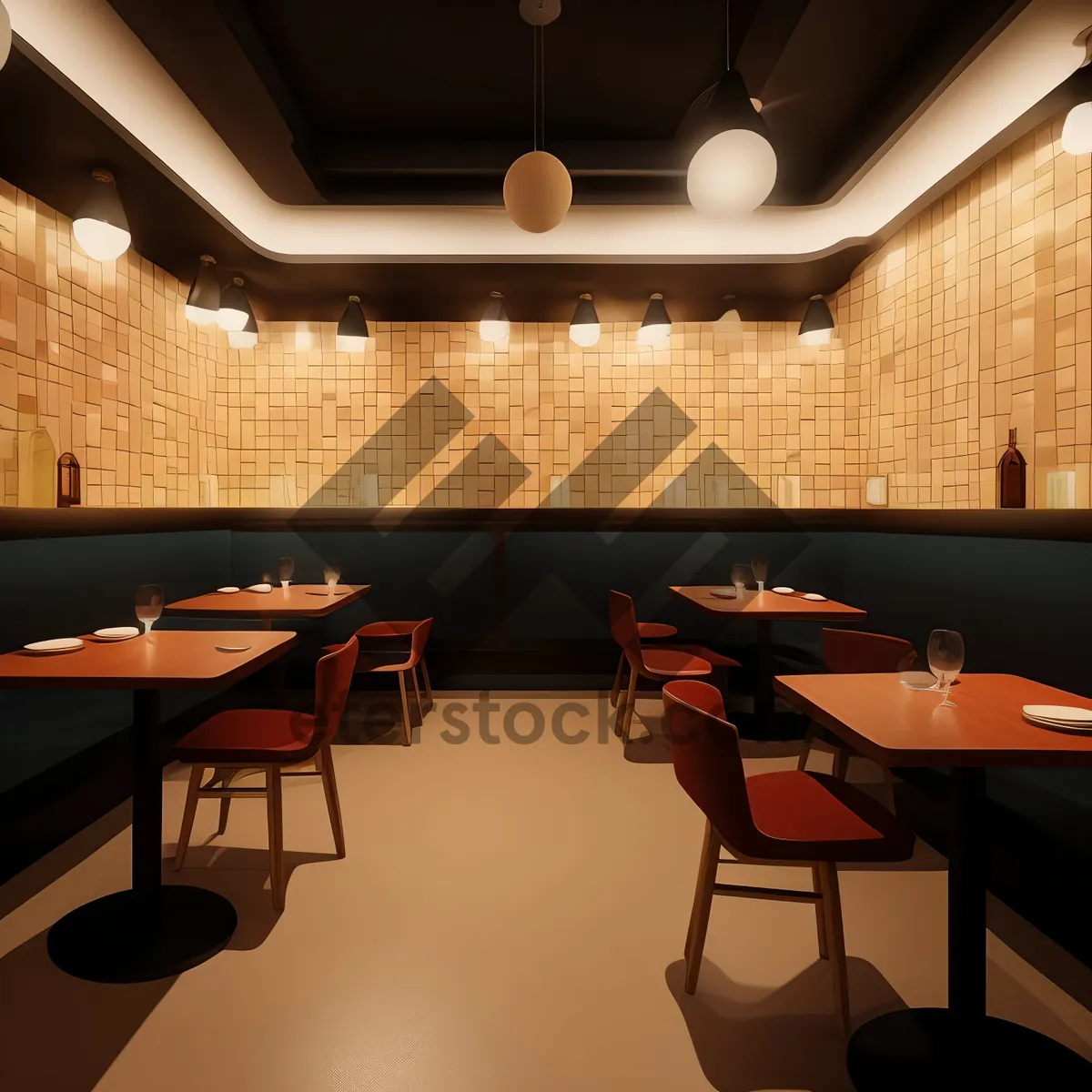 Picture of Modern luxury restaurant interior design with wooden furniture.