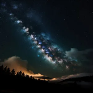 Dark celestial body illuminates starry universe among clouds