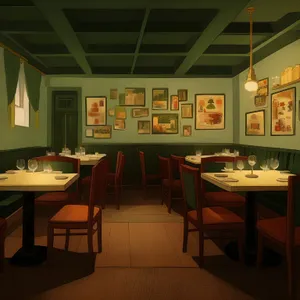 Modern restaurant interior with stylish lighting and wooden furniture