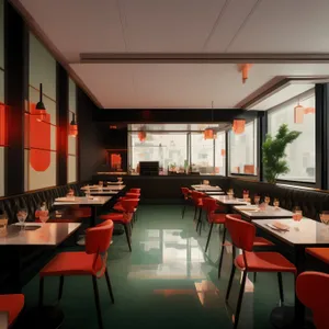 Modern restaurant interior with stylish furniture and light
