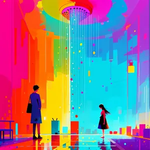 Vibrant Shopper Silhouette Art with Rainbow Design