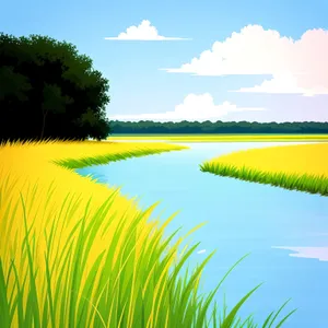 Serene Reflections: A Summer Meadow by the Lake