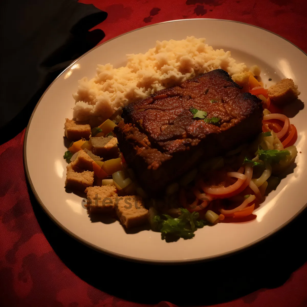 Picture of Delicious Grilled Steak with Vegetable Salad on Plate.