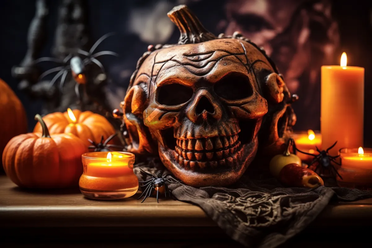 Picture of Spooky Halloween Jack-O'-Lantern Decoration Under Candlelight