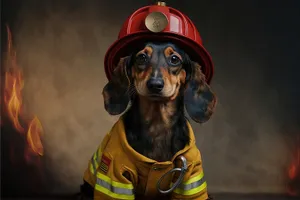 Dog wearing helmet with harness support device.