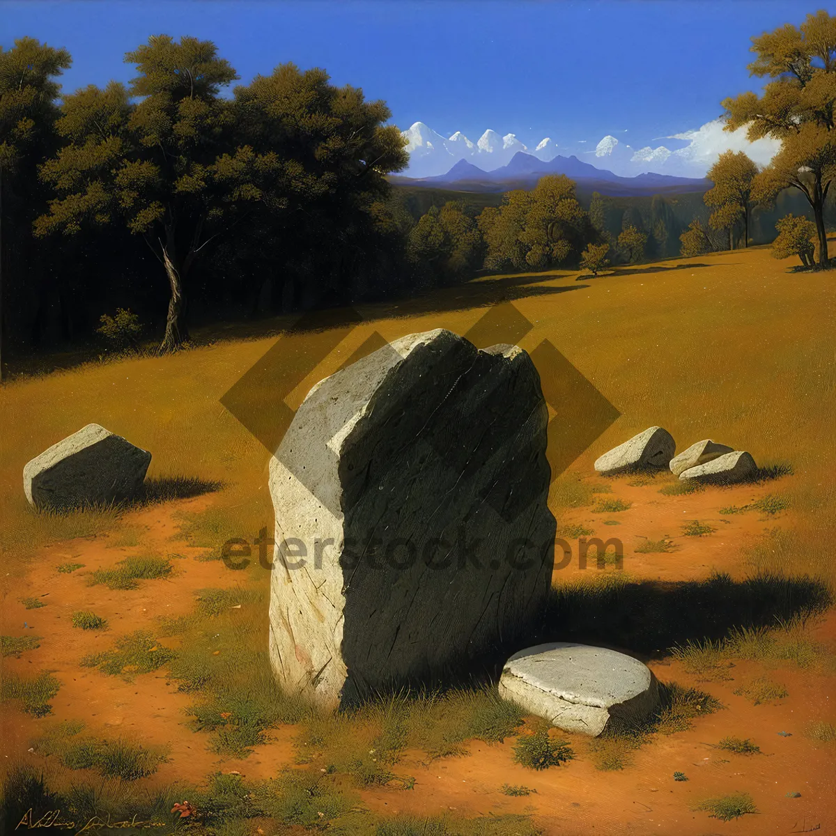 Picture of Ethereal Megalith Memorial in Rural Cemetery Landscape