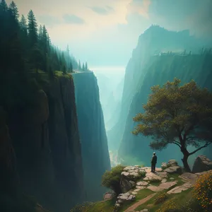 Serene Valley: Majestic Mountains Embracing a Tranquil Canyon