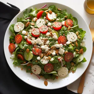 Delicious vegetable salad with fresh tomatoes and olives