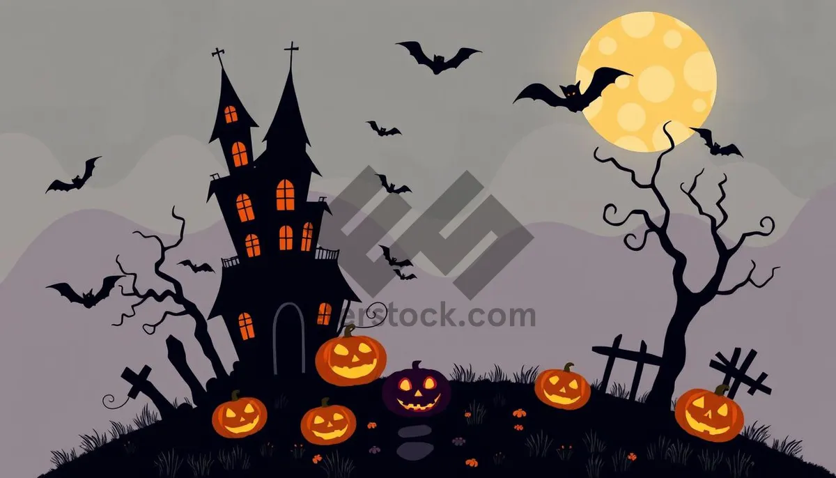 Picture of Halloween Night Silhouette Moon Cartoon Scene.