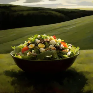 Healthy gourmet seafood salad in bowl for dinner dish