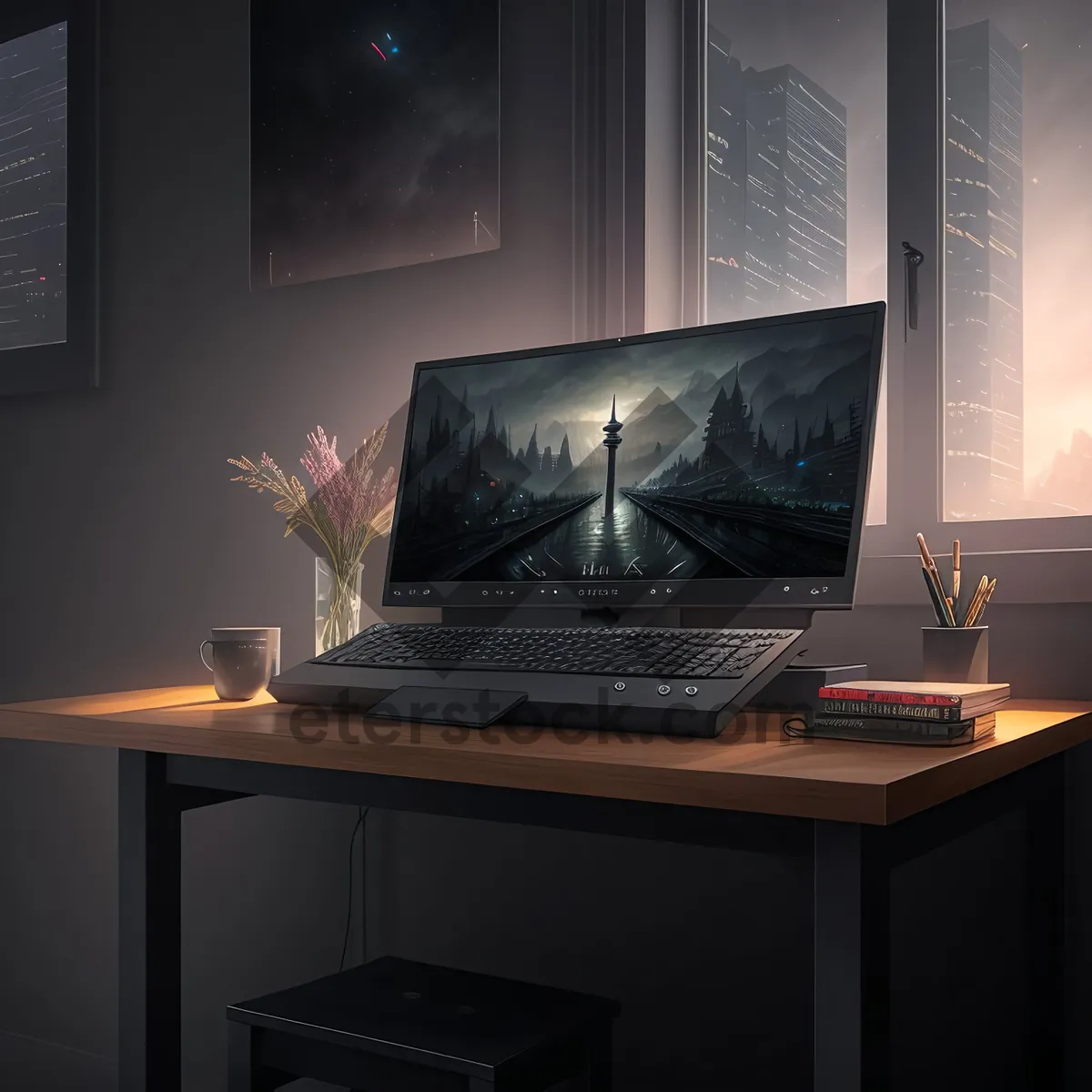 Picture of Modern Office Setup with Sleek Desk and Monitor