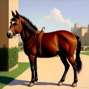 Thoroughbred horse wearing brown bridle in equestrian meadow