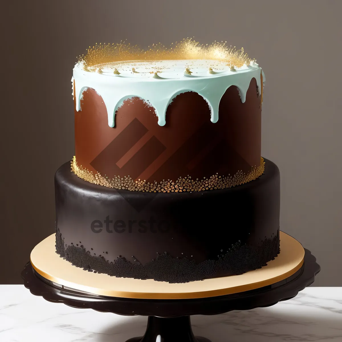 Picture of Decadent chocolate cake dessert on plate.