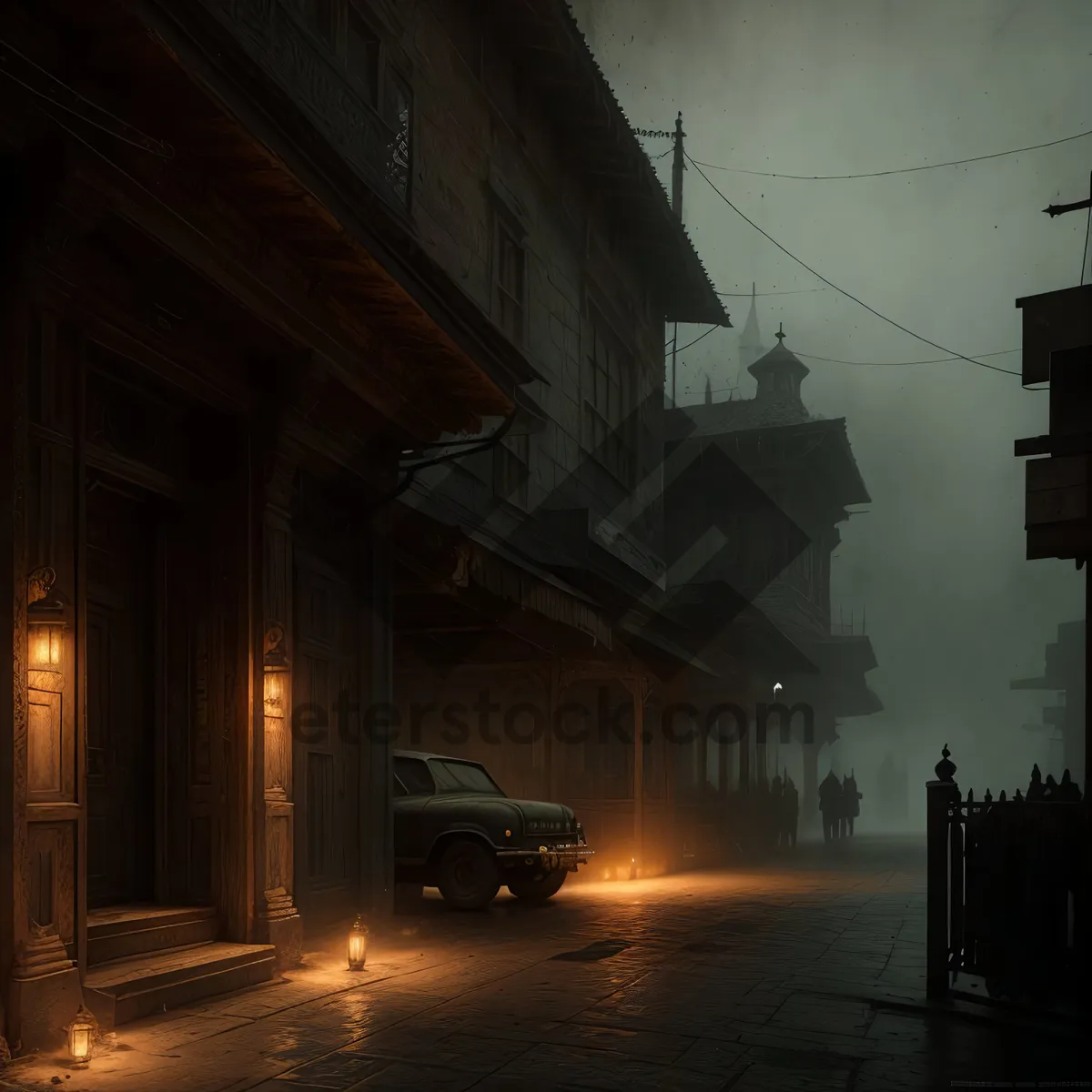 Picture of Nighttime Urban Cityscape with Old Warehouse and Street Lights