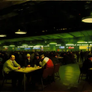 Nighttime cafe interior with steel drums ambiance