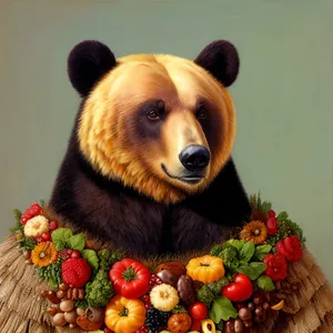 Corgi Dog with Fresh Fruits in Teddy Bear Basket
