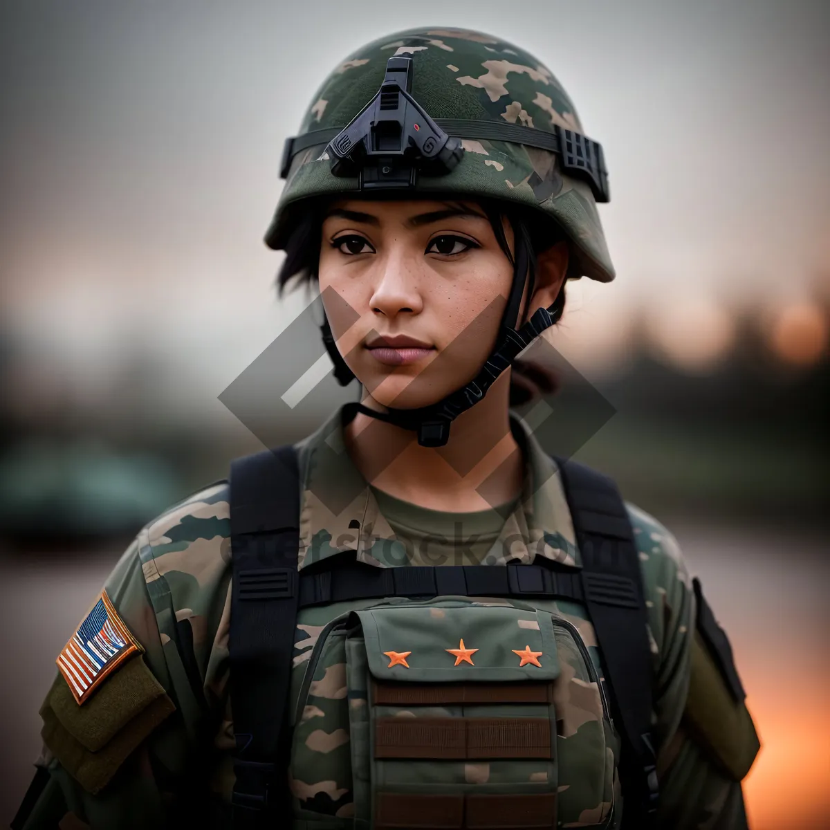 Picture of Happy soldier in military uniform with helmet and hat.