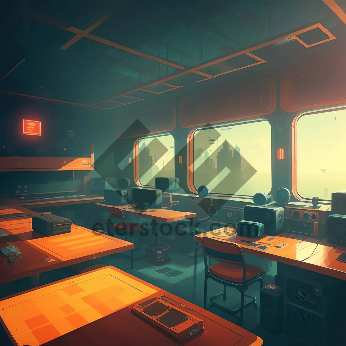 Picture of Modern Classroom Interior with Stylish Furniture and Wood Flooring