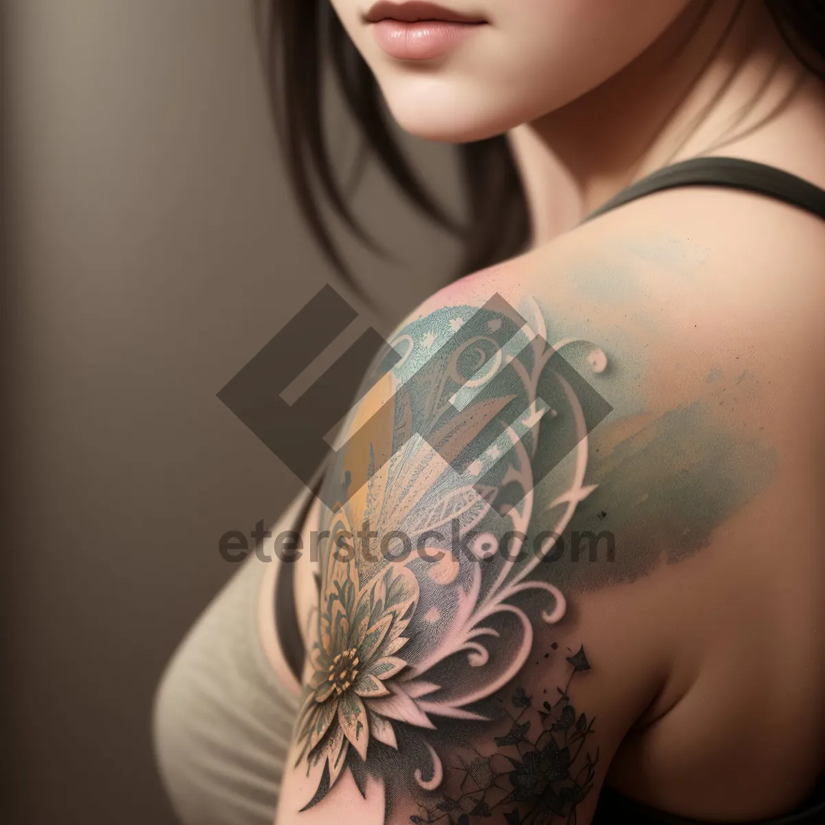 Picture of Seductive brunette model with attractive tattoo poses sensually