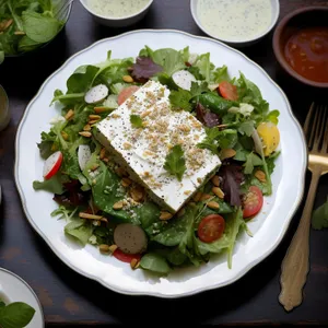 Delicious gourmet vegetable salad with fresh cheese.