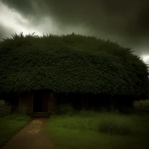 Protective Thatched Roof Over Serene Countryside Home.