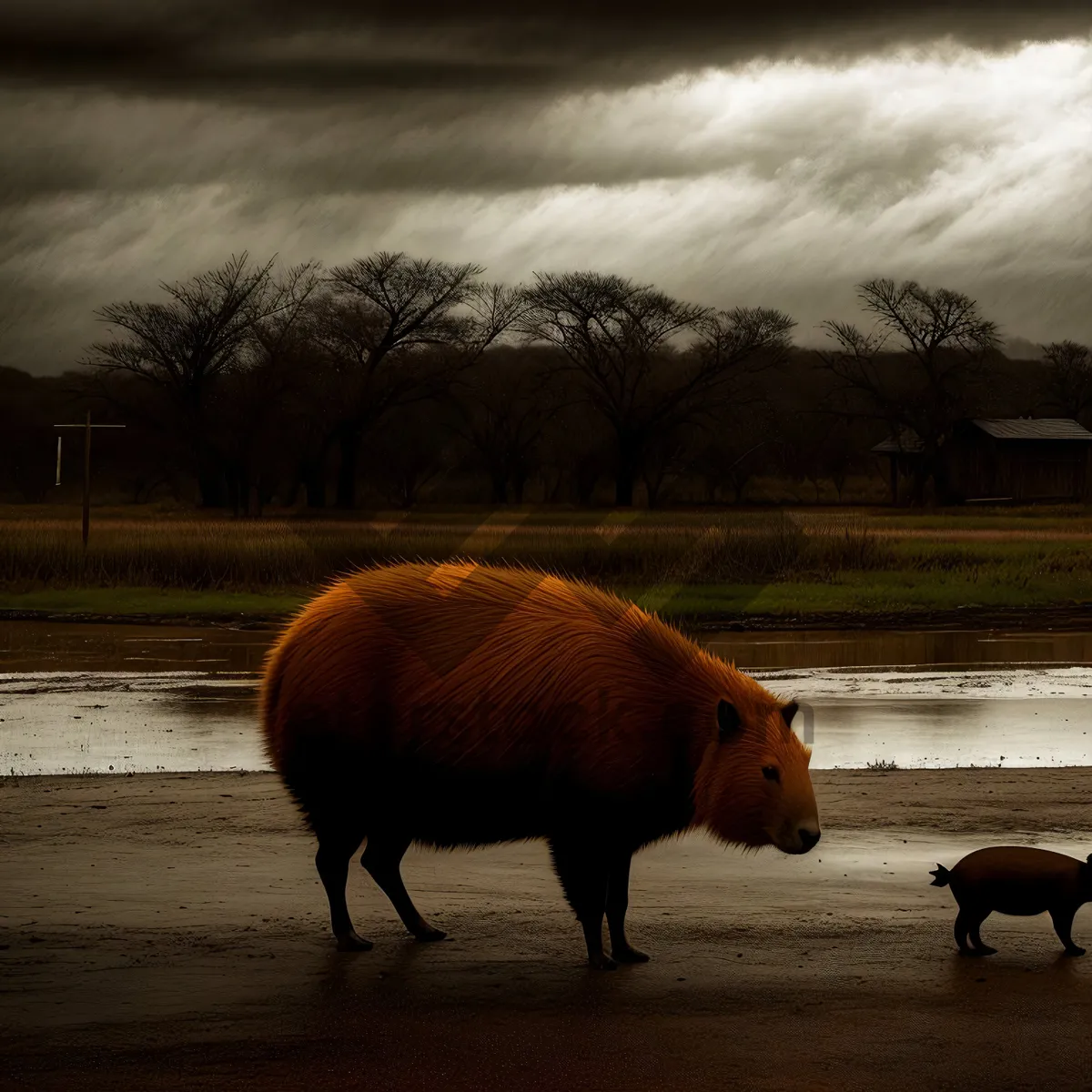 Picture of Rural swine grazing in a grassy meadow