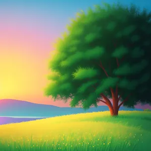 Tranquil Sunset Over Countryside Ocean Meadow