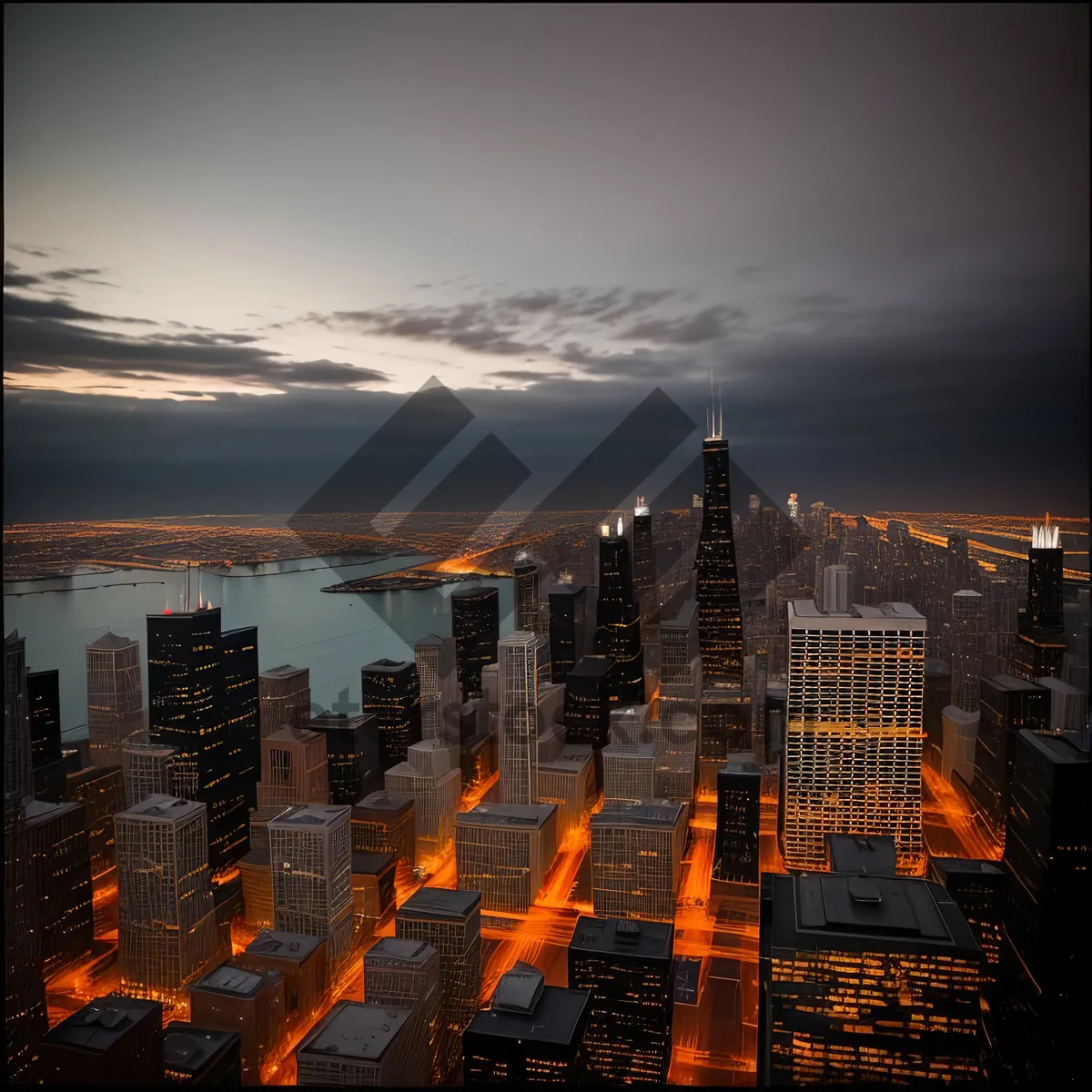 Picture of Urban Nightscape at River Harbor: City's Skyscraper District