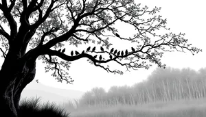 Winter sky in snowy park with oak tree