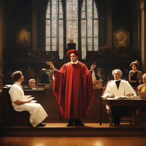 Smiling male teacher sitting indoors in academic gown