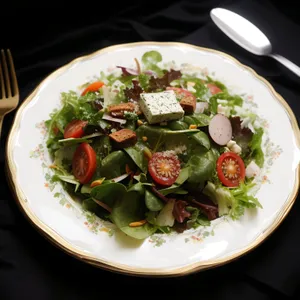 Savory gourmet salad with fresh vegetables and cheese