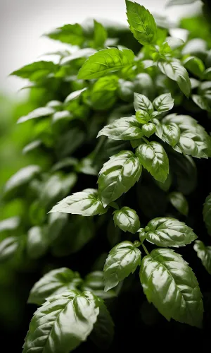 Fresh Basil Leaves on Branch in Spring Garden.