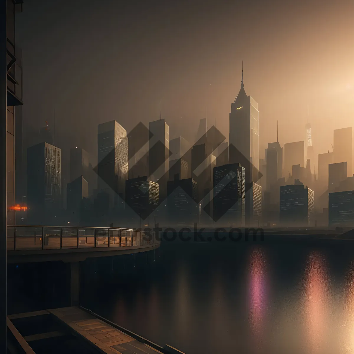 Picture of City Twilight: Urban Skyline with Waterfront Reflection