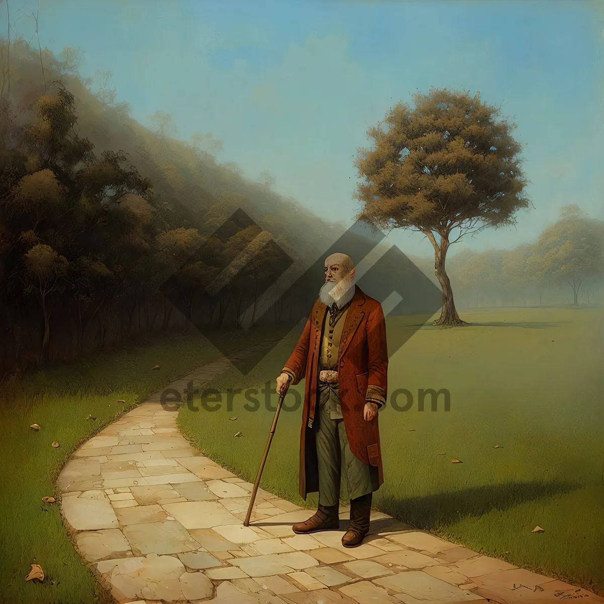 Picture of Active Monk Walking with Staff in Mountain Landscape