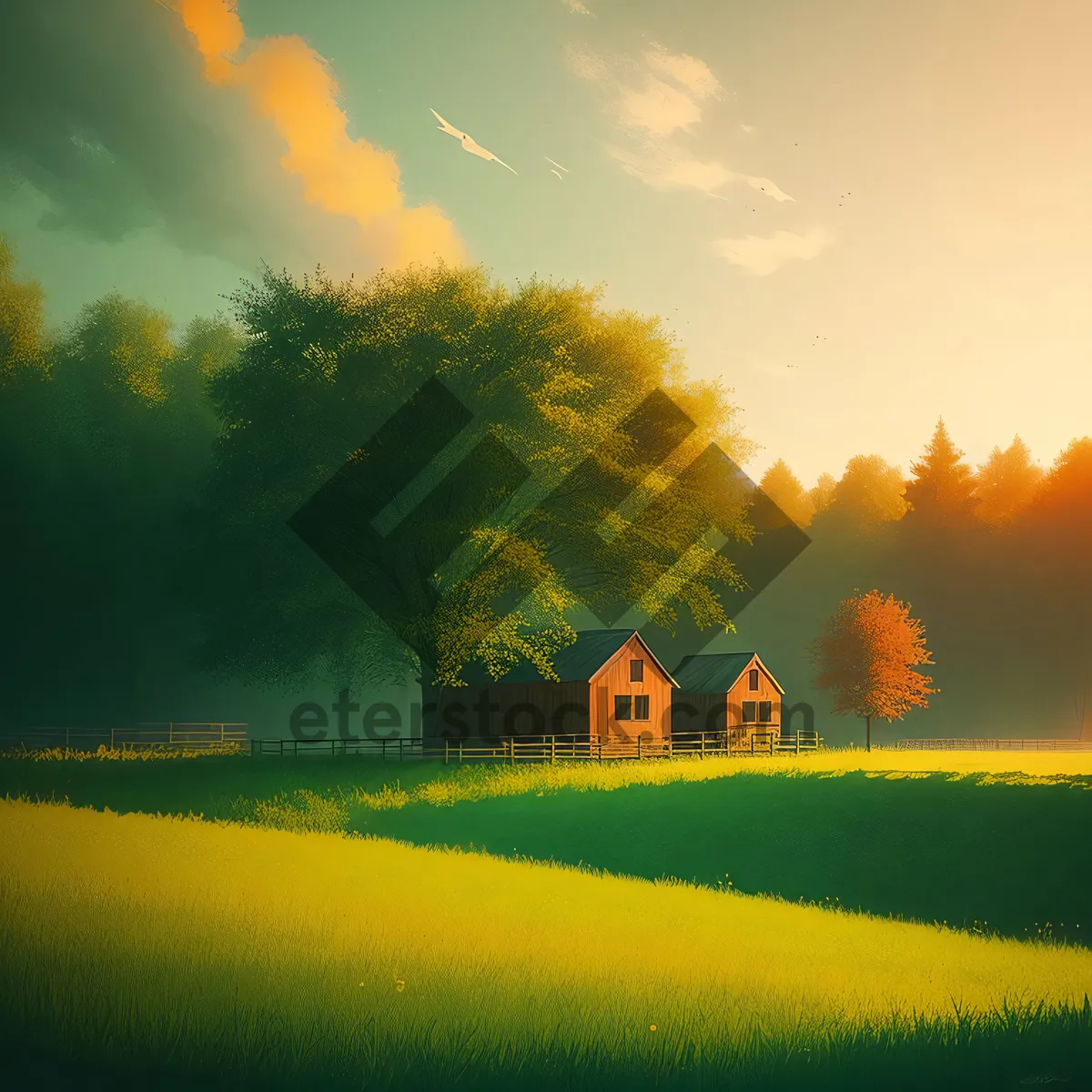 Picture of Rustic Sunrise over Farm Landscape
